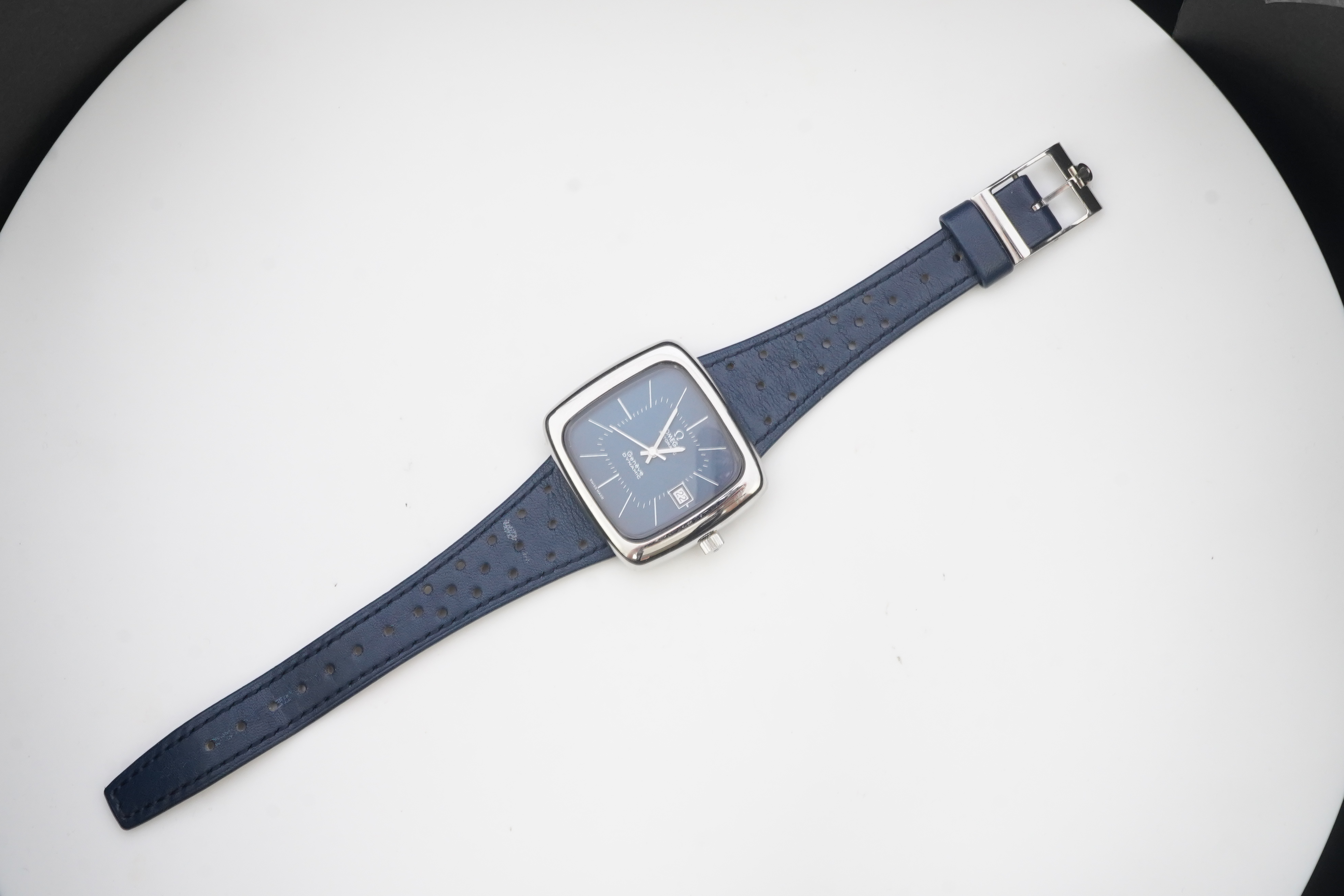 A gentleman's 1970's stainless steel Omega Automatic Dynamic wrist watch, on a later associated leather strap